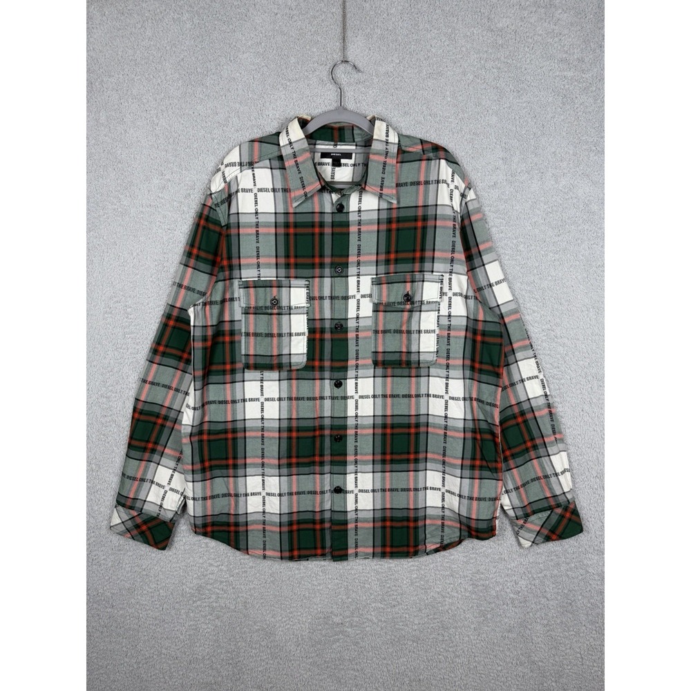 Diesel Plaid Button Up Shirt Men 2XL Green Logo Print Long Sleeve Cotton
